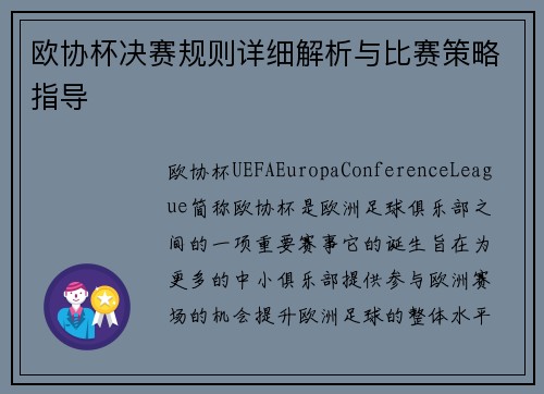 欧协杯决赛规则详细解析与比赛策略指导 欧协杯决赛规则详细解析与比赛策略指导
