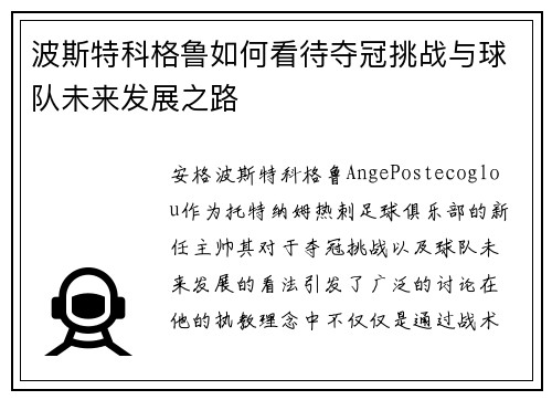 波斯特科格鲁如何看待夺冠挑战与球队未来发展之路