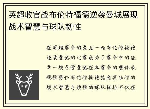 英超收官战布伦特福德逆袭曼城展现战术智慧与球队韧性 英超收官战布伦特福德逆袭曼城展现战术智慧与球队韧性