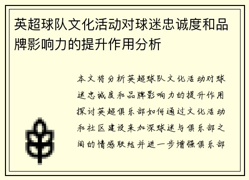 英超球队文化活动对球迷忠诚度和品牌影响力的提升作用分析