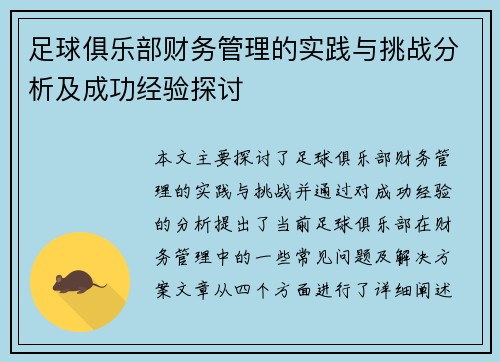 足球俱乐部财务管理的实践与挑战分析及成功经验探讨